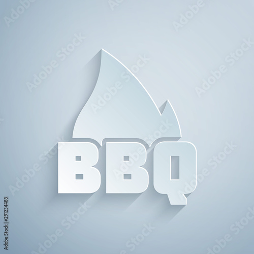 Paper cut Barbecue fire flame icon isolated on grey background. Heat symbol. BBQ grill party. Paper art style. Vector Illustration