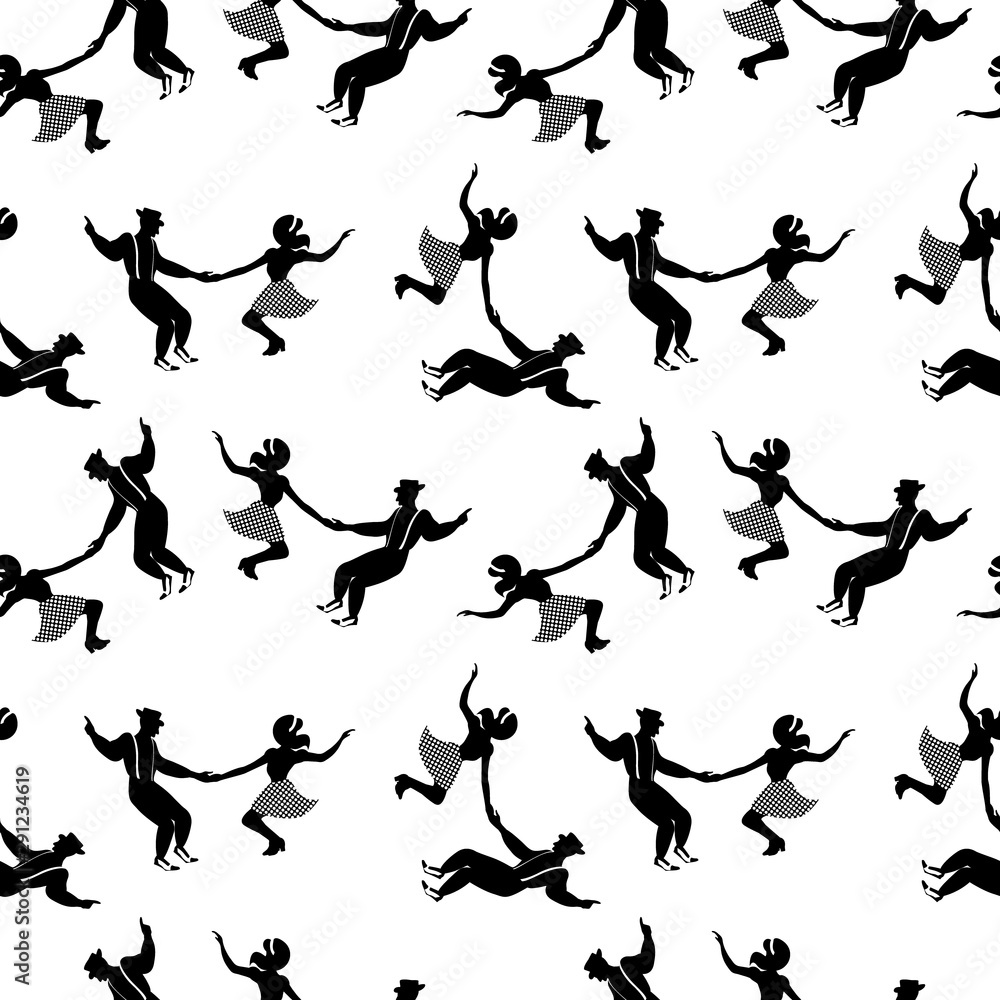 Seamless pattern with couples dancing jazz. Black and white colors. 1940s and 1930s style. Woman in skirt with dots and man with suspenders and hat.