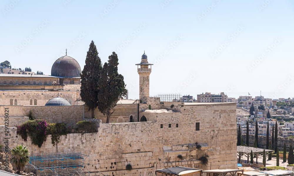 View of the East Wall, El Fahria Mosque and Al Aqsa Mosque in the Old City in Jerusalem, Israel