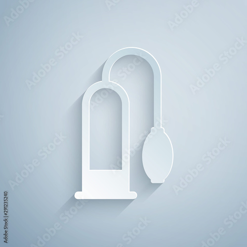 Paper cut Penis pump icon isolated on grey background. Penis enlarger. Sex toy for men. Vacuum pump with a blower to increase the penis. Paper art style. Vector Illustration