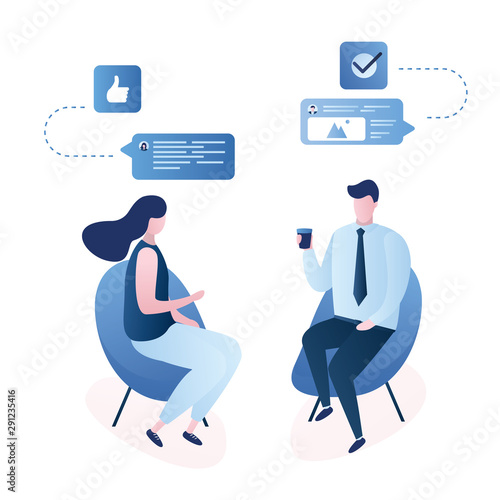 Business people sitting on chairs and talking. Male and female characters in trendy style.