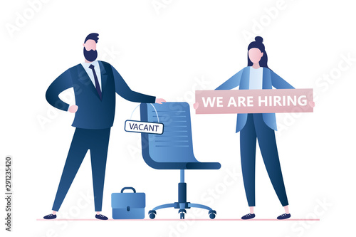 Business people hire. Male boss with chair and vacant sign. Female with board- we are hiring