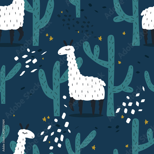 Lamas, cactuses,  hand drawn backdrop. Colorful seamless pattern with animals and cacti. Decorative cute wallpaper, good for printing. Overlapping background vector, happy alpacas. Llama