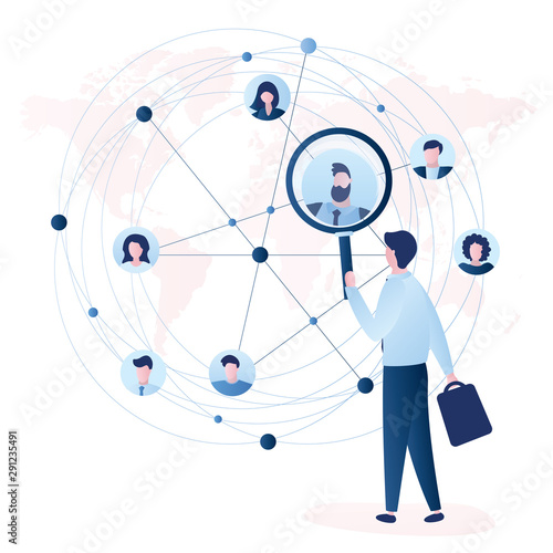 Businessman using magnifying glass for search business contacts and global communication. Various business people avatars.