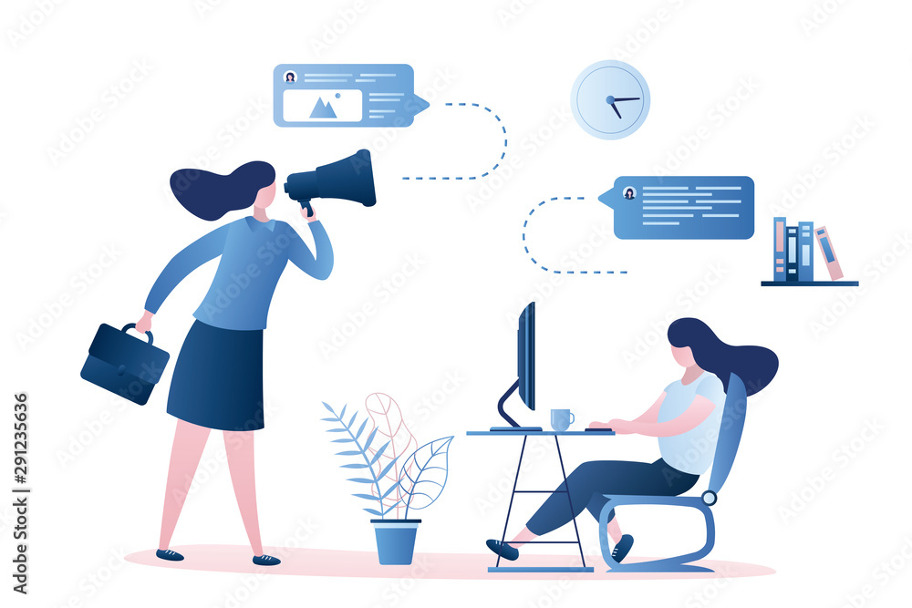 Sad businesswoman boss using megaphone and female employee on workplace,business people talking, Sad businesswoman boss using megaphone and female employee on workplace,business people talking,