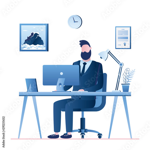 Handsome businessman or clerk on modern workplace. Office interior with furniture.
