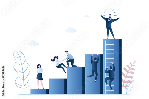 Career growth concept, various business people on stairs and one happy businessman winner on top