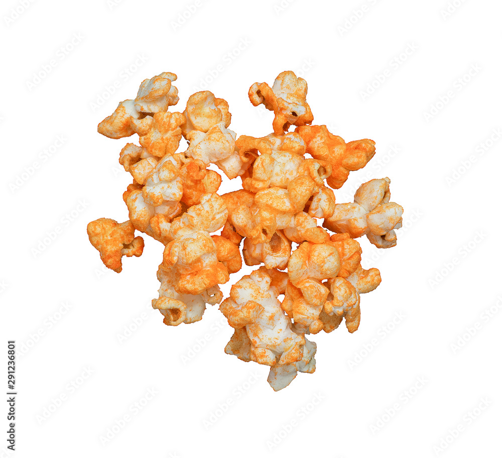 popcorn taste hot spicy Combined pile isolated on white background.Top view. popcorn taste hot spicy Combined pile isolated on white background.Top view.