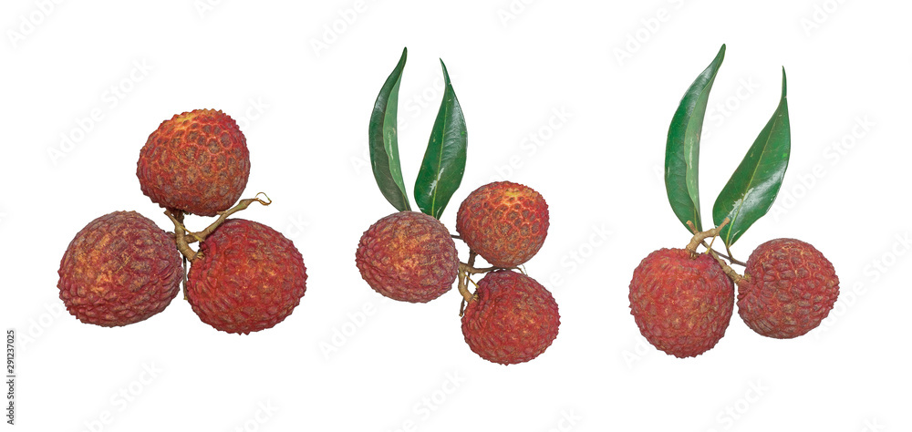 Fresh Lychee or lichee fruit with leaves set isolated on white background. Scientific name is Litchi Chinenisis Sonn. Top view and close up. Take photo at studio. Fresh Lychee or lichee fruit with leaves set isolated on white background. Scientific name is Litchi Chinenisis Sonn. Top view and close up. Take photo at studio.