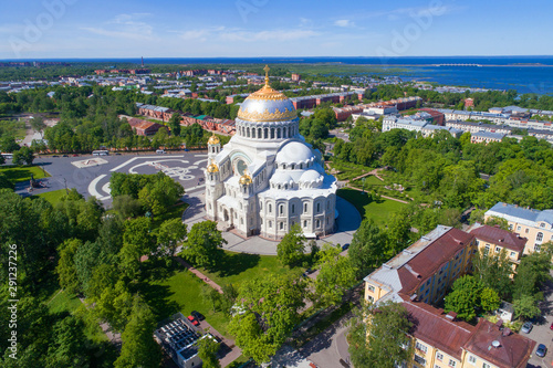 View of St. Nicholas Naval Cathedral on a sunny June day (shot of a quadcopter). Kronstadt, Russia