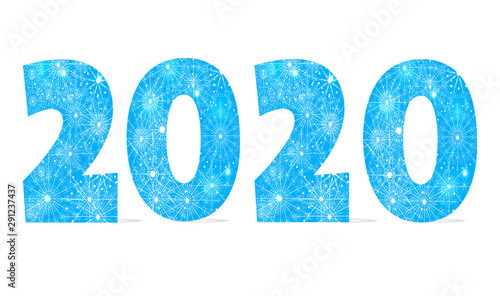 Happy New Year Christmas holiday  design. 2020 blue winter ornament numbers with snowflakes isolated on white background