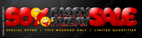 Template for Black Friday Sale advertising banner. Percentage sign with cheerful emoji. Bright and festive design. Ad offer up to 50% off discount on shopping day. Vector illustration. 