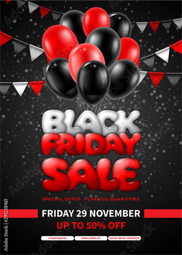 Template for Black Friday Sale advertising poster or flyer with balloons and flags. Bright and festive design. Place for your text. Ad offer 50% off discount on shopping day. Vector illustration. 