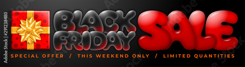 Template for Black Friday Sale advertising banner with luxury gift box. Bright and festive design. Ad offer discount on shopping day. Vector illustration. 