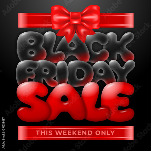 Template for Black Friday Sale advertising banner with luxury gift box. Bright and festive design. Ad offer discount on shopping day. Vector illustration. 