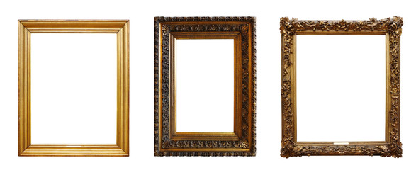 Set of three vintage golden baroque wooden frames on isolated background