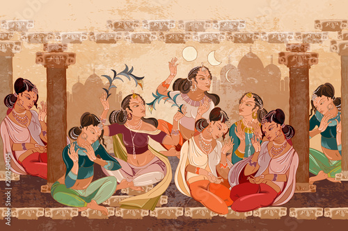 Beautiful indian girls in harem horizontal seamless pattern. Culture of India. East murals. Women in national ethnic clothes. Fairy tale background. Fashion princesses