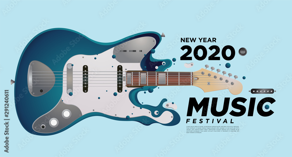 Obraz premium Guitar with Abstract Liquid Colorful Illustration for 2020 New Year Party and Event Banner. Vector Illustration Collage of Music Festival Background and Wallpaper in eps 10.&nbsp;