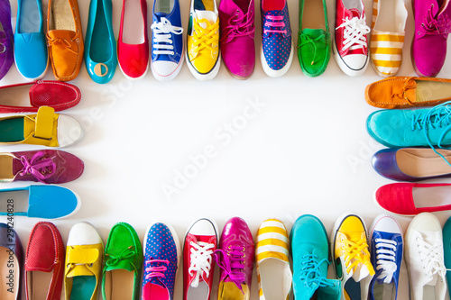 Collection of women's shoes on white background photo