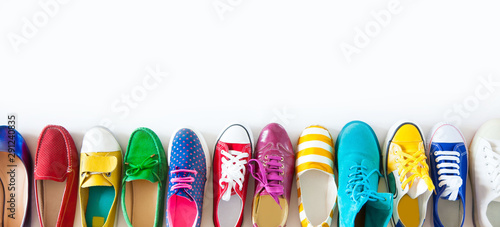 Collection of women's shoes on white background