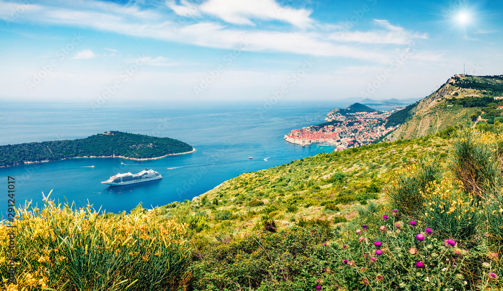 Panoramic morning view of Dubrovnik city. Splendid summer scene of Croatia, Europe. Beautiful world of Mediterranean countries. Traveling concept background.