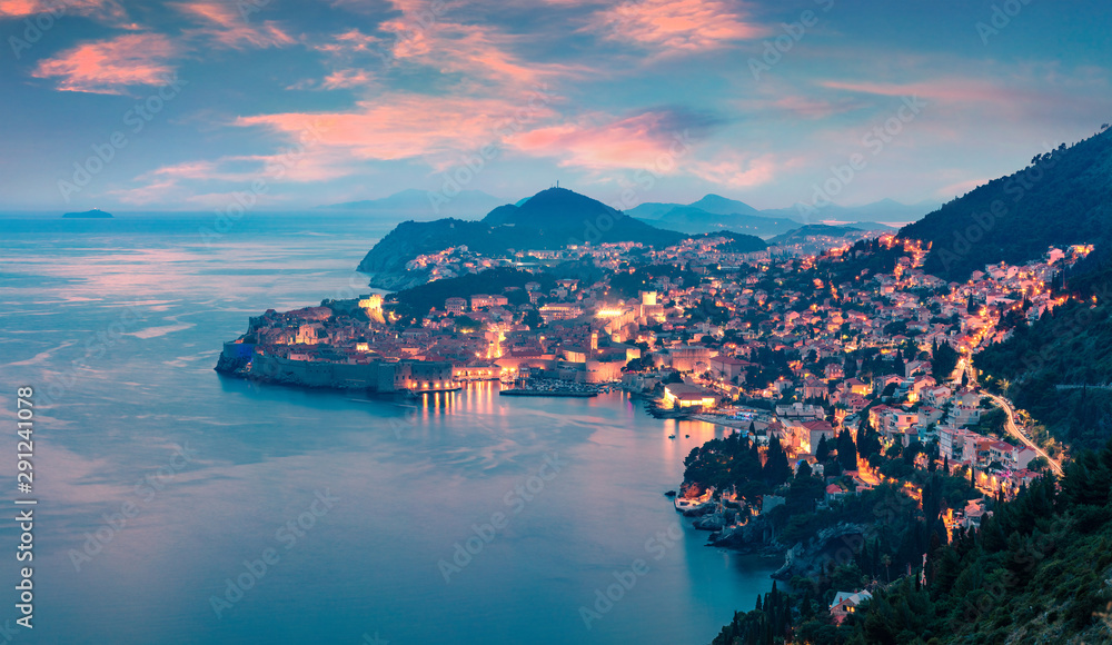 Aerial evening view of Dubrovnik city. Splendid summer sunset in Croatia, Europe. Beautiful world of Mediterranean countries. Traveling concept background.