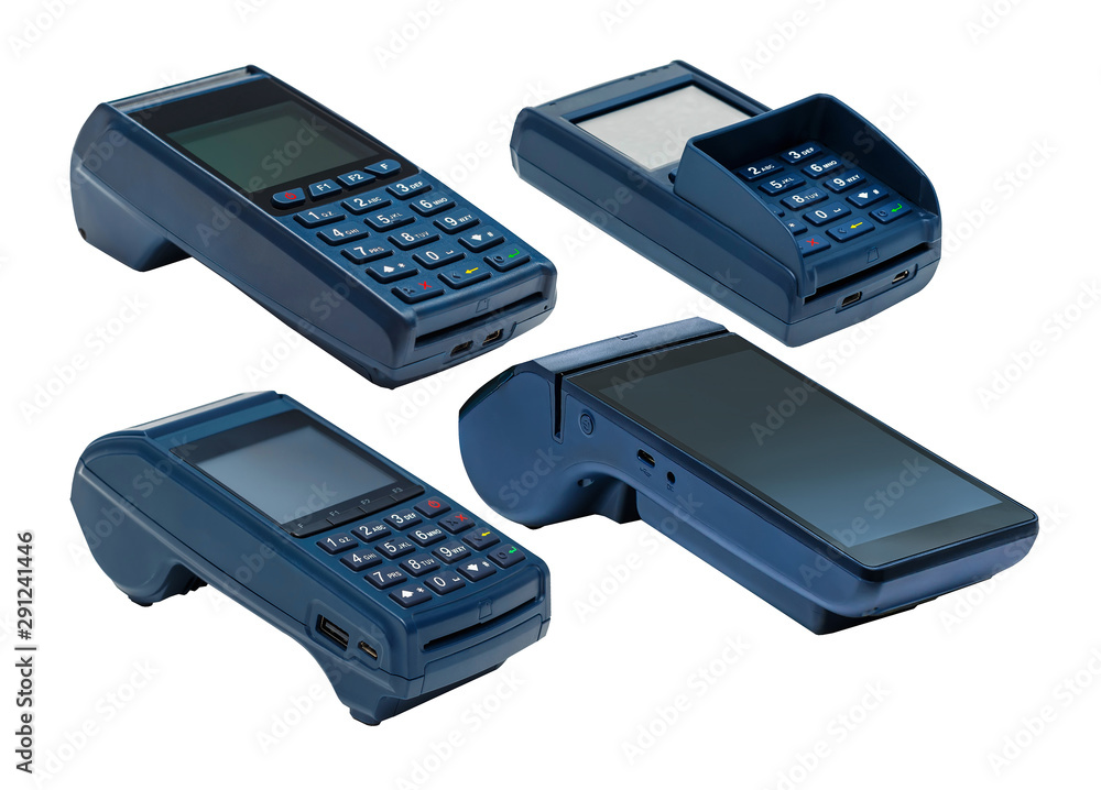 Electronic payment terminal. The case is made of blue plastic. Isolated on white. Electronic payment terminal. The case is made of blue plastic. Isolated on white.