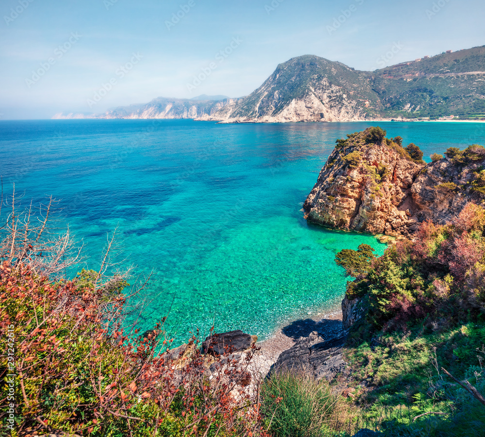 Scenic spring view of Agia eleni beach, Ionian Islands. Colorful morning seascape of Mediterranean Sea. Bright outdoor scene of Kefalonia island, Greece, Europe. Beauty of nature concept background.