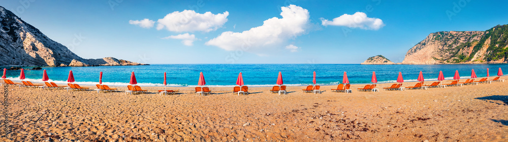 Panoramic spring view of Petani Beach. Colorful morning scene of Cephalonia Island, Greece, Europe. Beautiful seascape of Mediterranen Sea. Splendid outdoor scene of Ionian Islands.