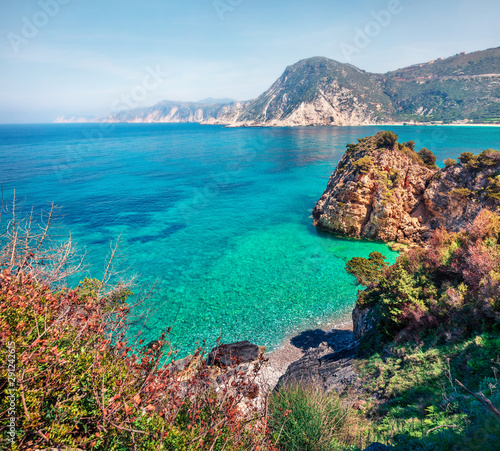 Scenic spring view of Agia eleni beach, Ionian Islands. Colorful morning seascape of Mediterranean Sea. Bright outdoor scene of Kefalonia island, Greece, Europe. Beauty of nature concept background.