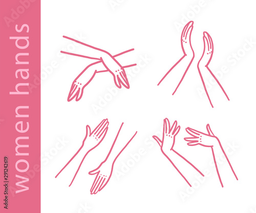Vector hand drawn human hands in different poses isolated on white background. Contour drawing. Women wrist icons. For beauty logo, hand cream moisturizer emblem, face skin care cream packaging etc.