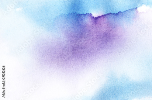 Abstract watercolor background. Gradient from bright purple to white. Saturated ink stains of liquid paint. Purple-blue shades. Light sky with clouds. Template. Hand drawn illustration © Olga