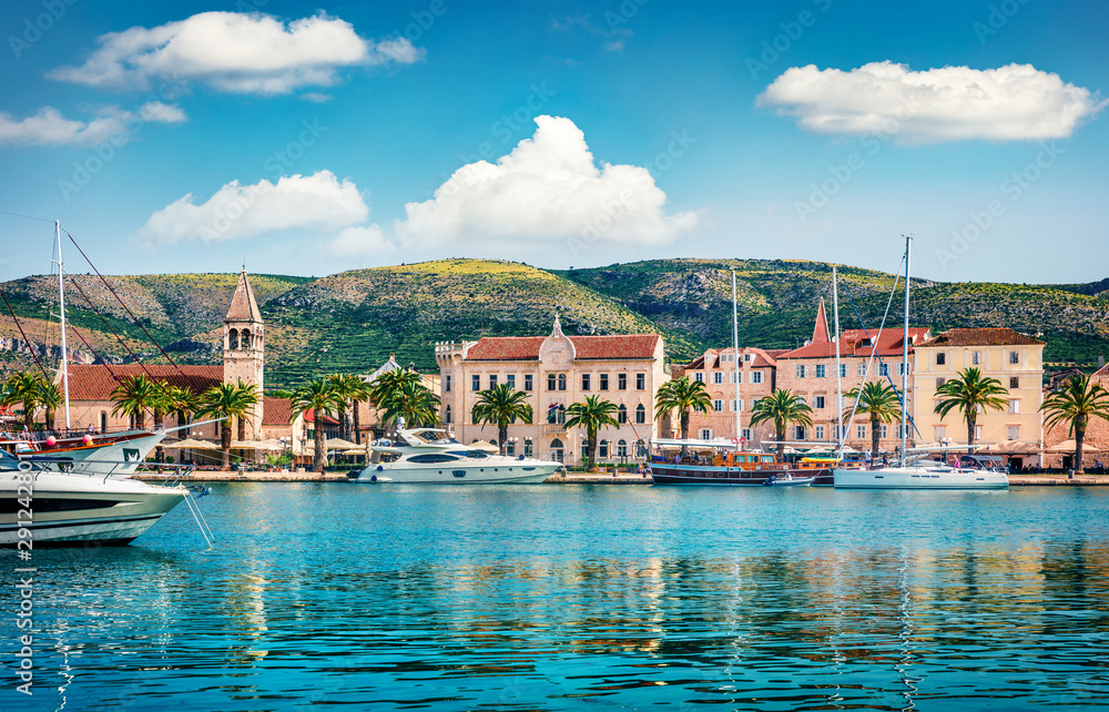 Splendid summer cityscape of Trogir town. Sunny morning seascape of Adriatic sea. Beautiful world of Mediterranean countries. Traveling concept background.