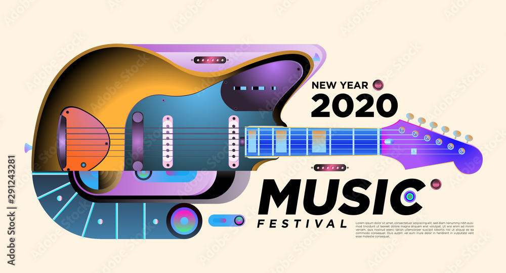 Music Festival Illustration Design for 2020 New Year Party and Event. Vector Illustration Collage of Music and Guitar Festival Background and Wallpaper in eps 10. Music Festival Illustration Design for 2020 New Year Party and Event. Vector Illustration Collage of Music and Guitar Festival Background and Wallpaper in eps 10.