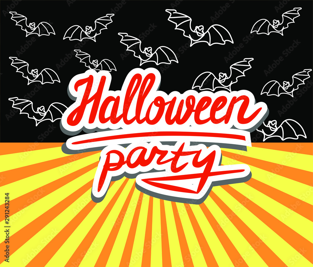 Halloween party vecror lettering with bats and rays in retro style.