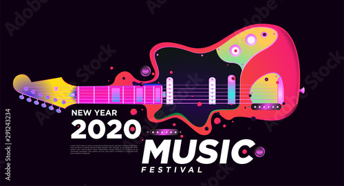 Music Festival Illustration Design for 2020 New Year Party and Event. Vector Illustration Collage of Music and Guitar Festival Background and Wallpaper in eps 10. 