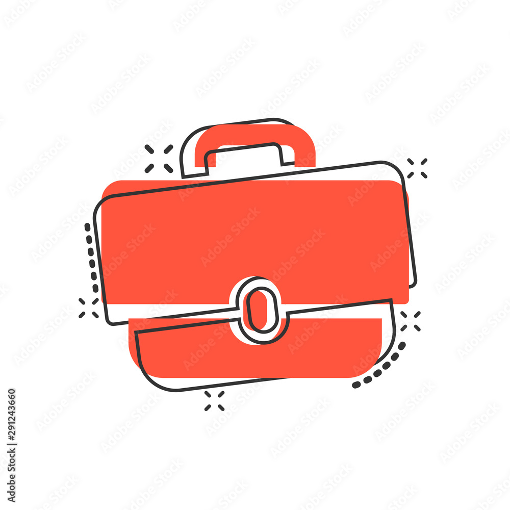 Vektorová grafika „Briefcase sign icon in comic style. Suitcase vector  cartoon illustration on white isolated background. Baggage business concept  splash effect.“ ze služby Stock | Adobe Stock