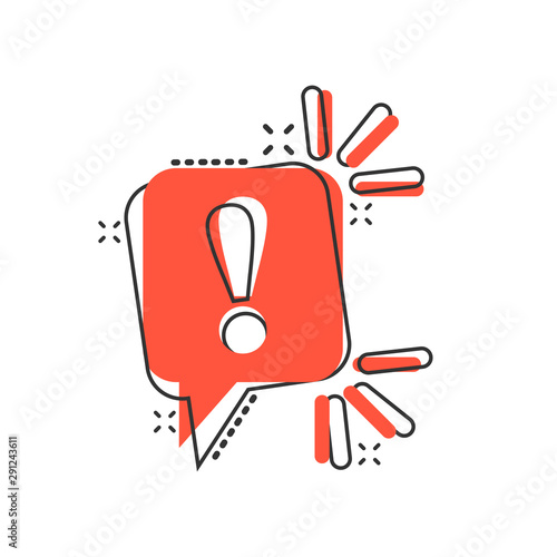 Attention sign icon in comic style. Warning banner vector cartoon illustration on white isolated background. Information business concept splash effect.