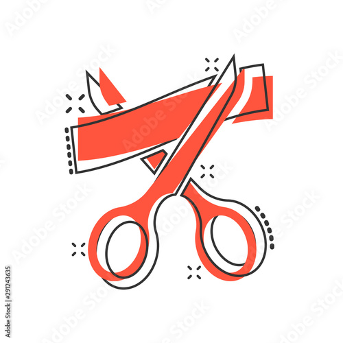 Scissors icon in comic style. Cutting ribbon vector cartoon illustration on white isolated background. Ceremonial business concept splash effect.