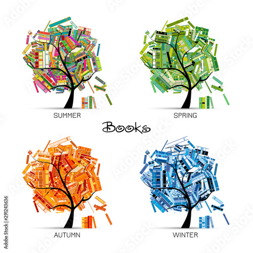 Library tree with books, four seasons of reading