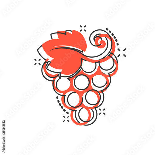 Grape fruits sign icon in comic style. Grapevine vector cartoon illustration on white isolated background. Wine grapes business concept splash effect.