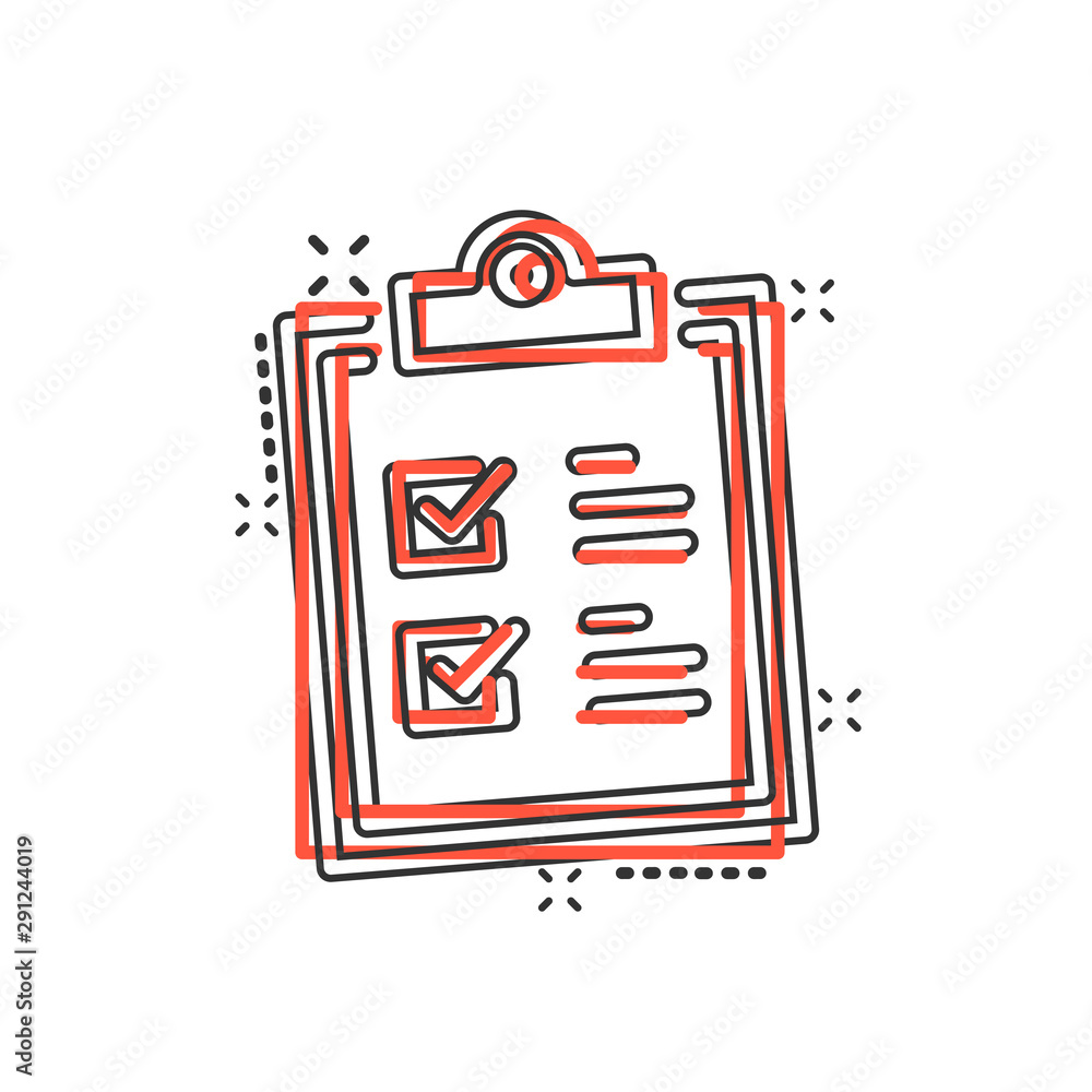 Checklist clipboard sign icon in comic style. Document list vector cartoon illustration on white isolated background. Questionnaire notepad business concept splash effect. Checklist clipboard sign icon in comic style. Document list vector cartoon illustration on white isolated background. Questionnaire notepad business concept splash effect.