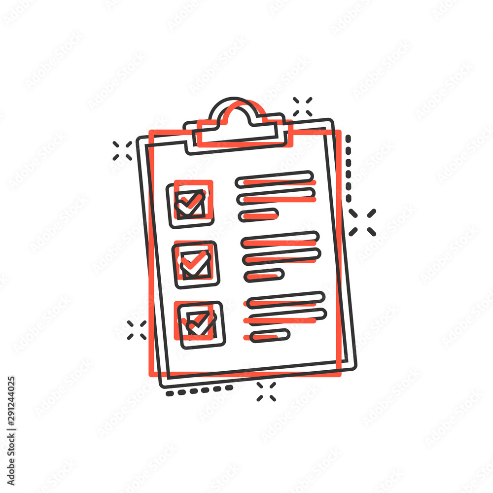 Checklist clipboard sign icon in comic style. Document list vector cartoon illustration on white isolated background. Questionnaire notepad business concept splash effect.