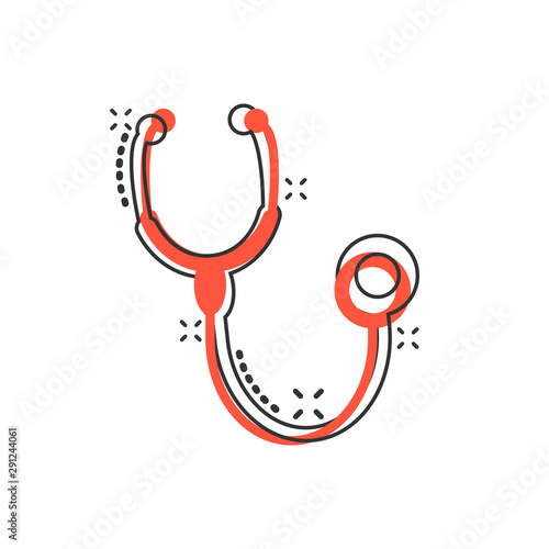 Stethoscope sign icon in comic style. Doctor medical vector cartoon illustration on white isolated background. Hospital business concept splash effect.
