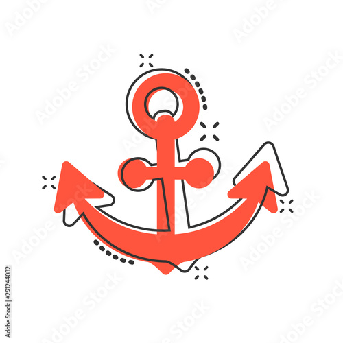 Boat anchor sign icon in comic style. Maritime equipment vector cartoon illustration on white isolated background. Sea security business concept splash effect.