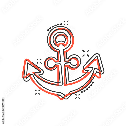 Boat anchor sign icon in comic style. Maritime equipment vector cartoon illustration on white isolated background. Sea security business concept splash effect.