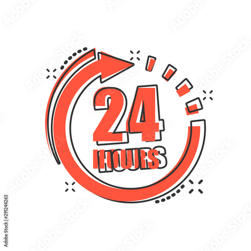 24 hours clock sign icon in comic style. Twenty four hour open vector cartoon illustration on white isolated background. Timetable business concept splash effect.