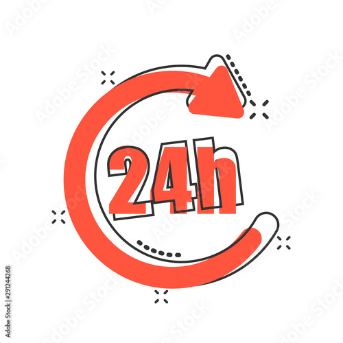 24 hours clock sign icon in comic style. Twenty four hour open vector cartoon illustration on white isolated background. Timetable business concept splash effect.