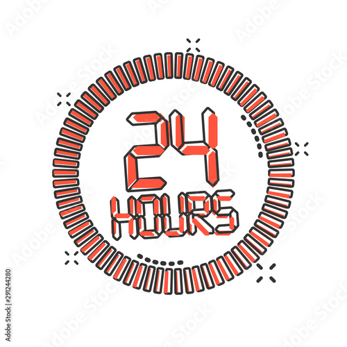 24 hours clock sign icon in comic style. Twenty four hour open vector cartoon illustration on white isolated background. Timetable business concept splash effect.