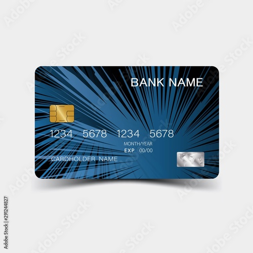 Credit card. With blue elements desing. And inspiration from abstract. On white background. Glossy plastic style. 